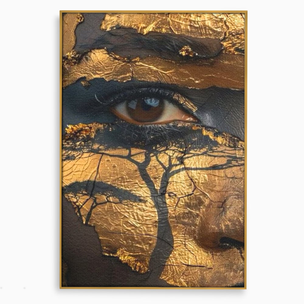 Tablou canvas cu tablou canvas cu ochi uman si arbore, in rama de aluminiu auriu